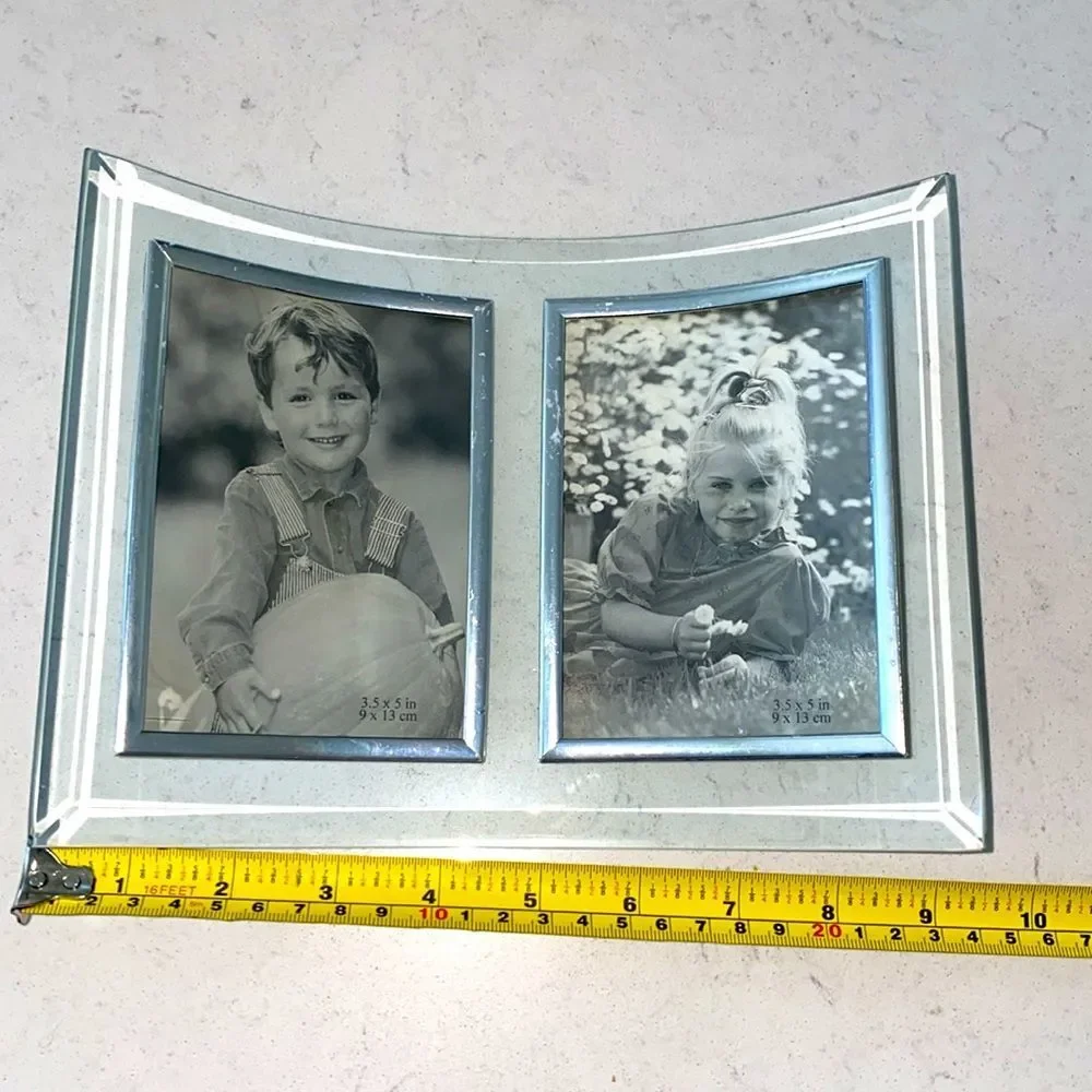 Photo Plus Products Curved Glass Double Picture Frame Silver Beveled 3.5x5 Clear